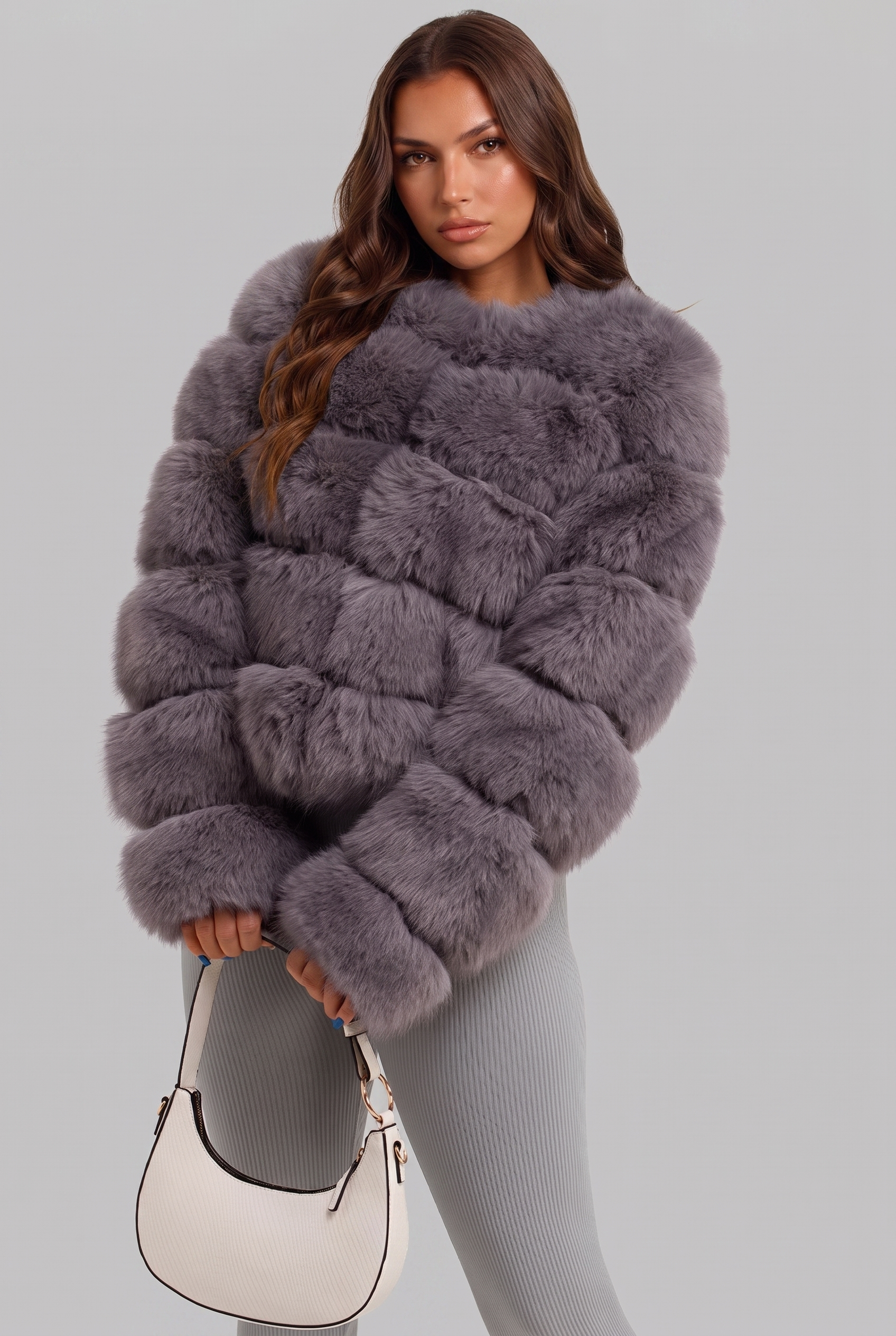 Faux Fur Coat with Collarless Design Audrey Calvero