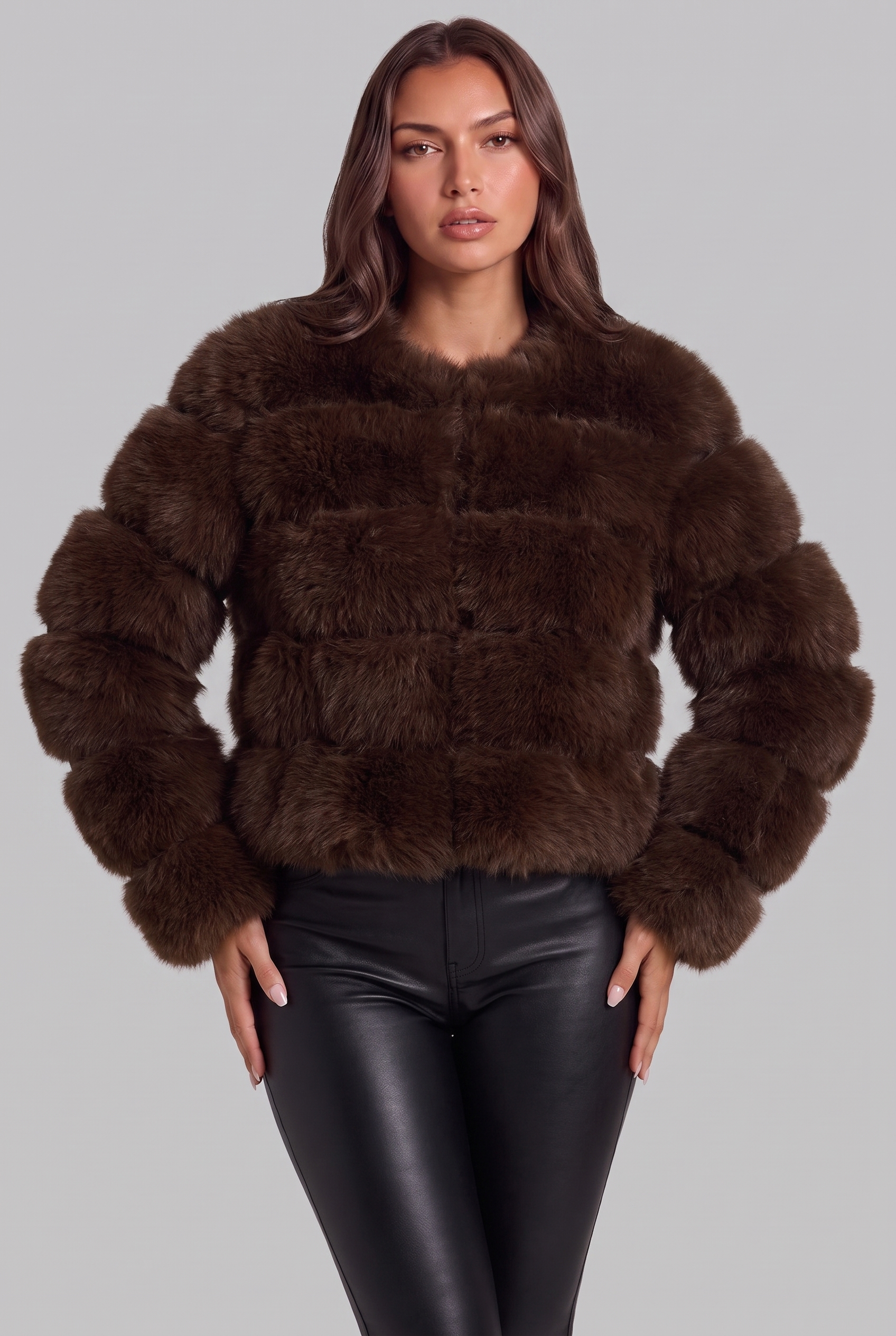 Faux Fur Coat with Collarless Design Audrey Calvero