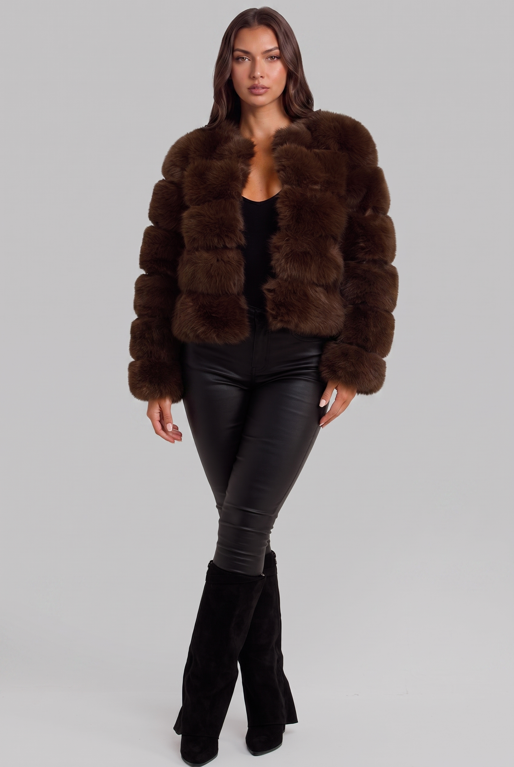 Faux Fur Coat with Collarless Design Audrey Calvero