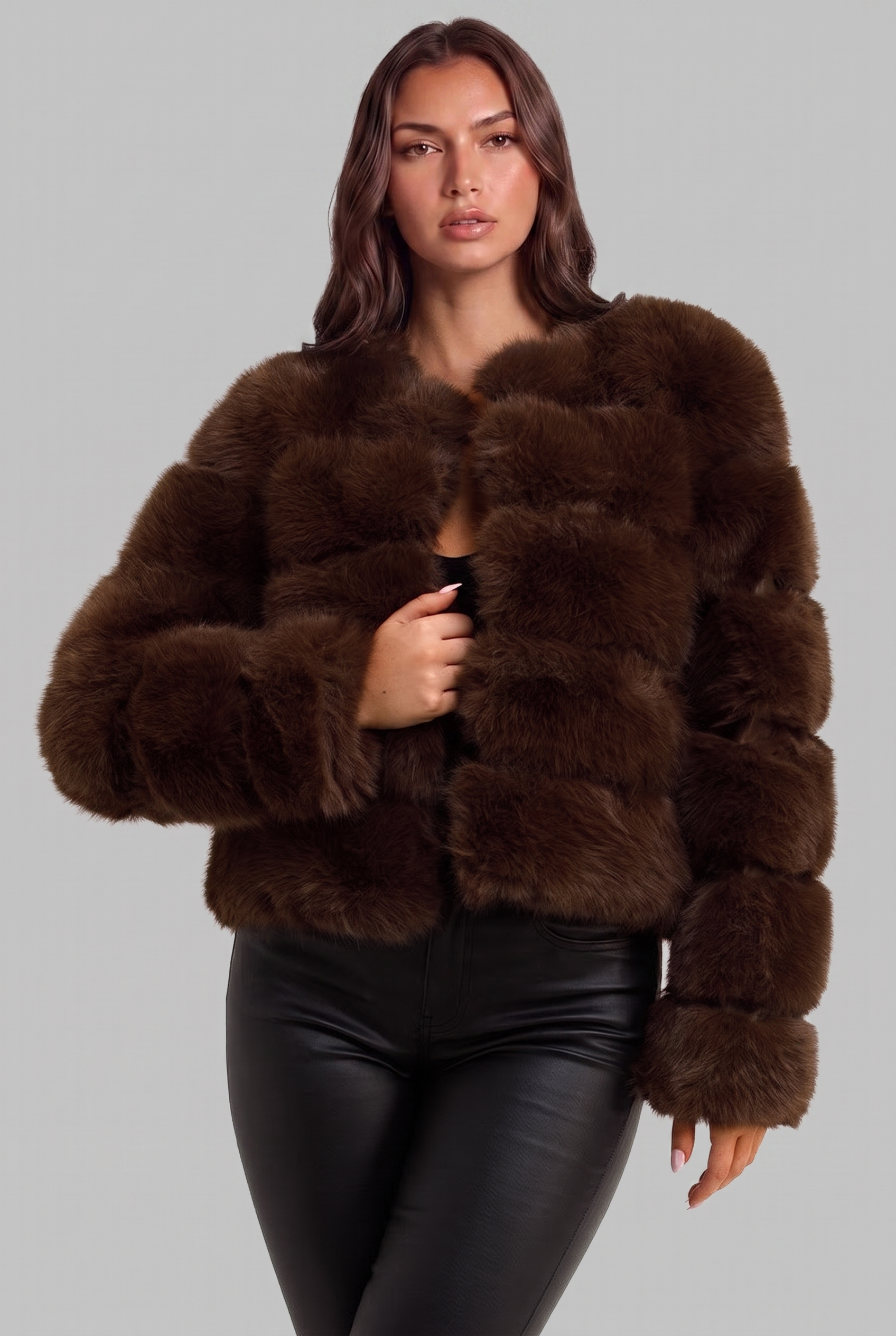 Faux Fur Coat with Collarless Design Audrey Calvero