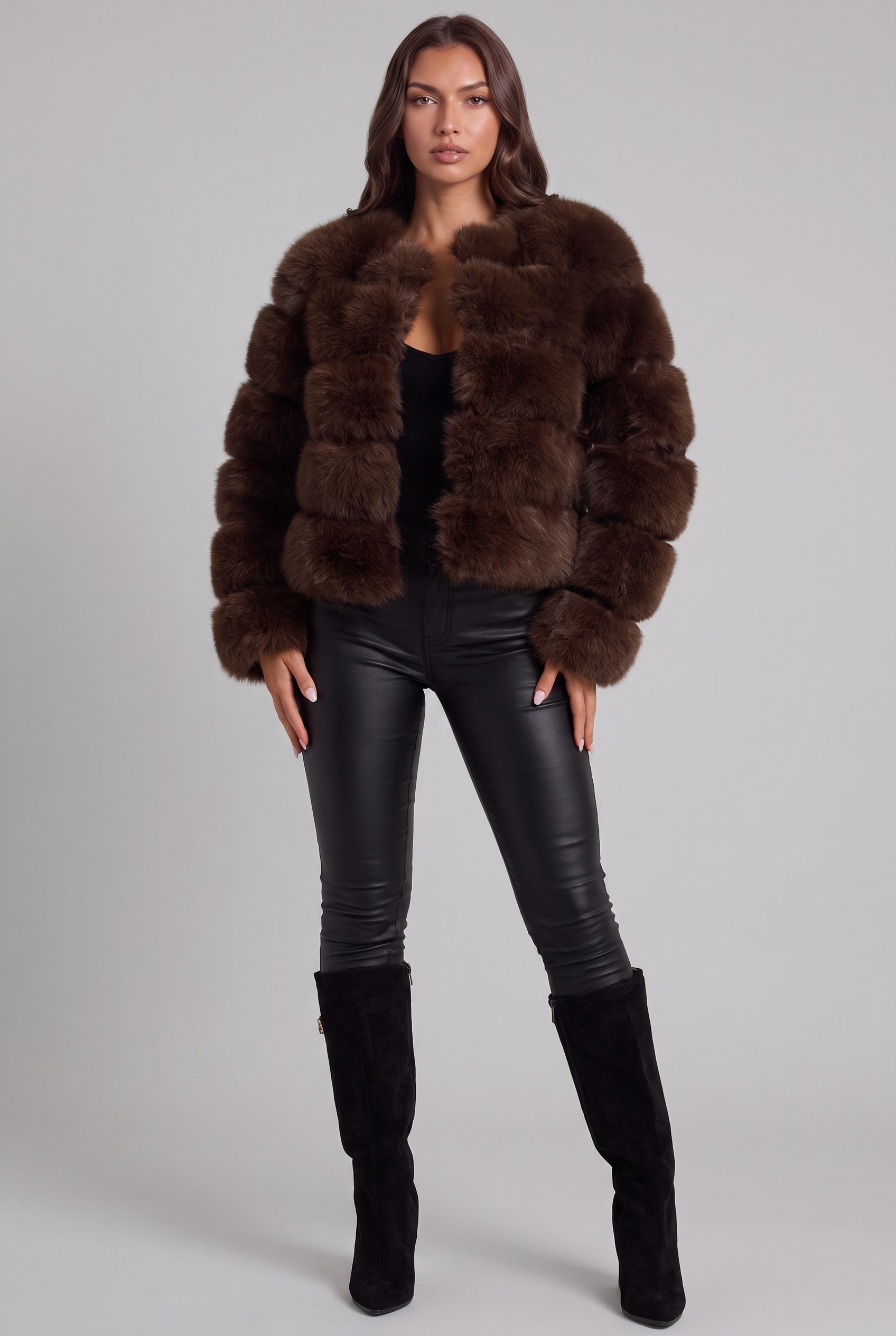 Faux Fur Coat with Collarless Design Audrey Calvero