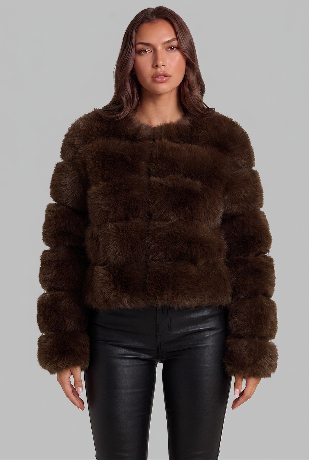 Faux Fur Coat with Collarless Design Audrey Calvero