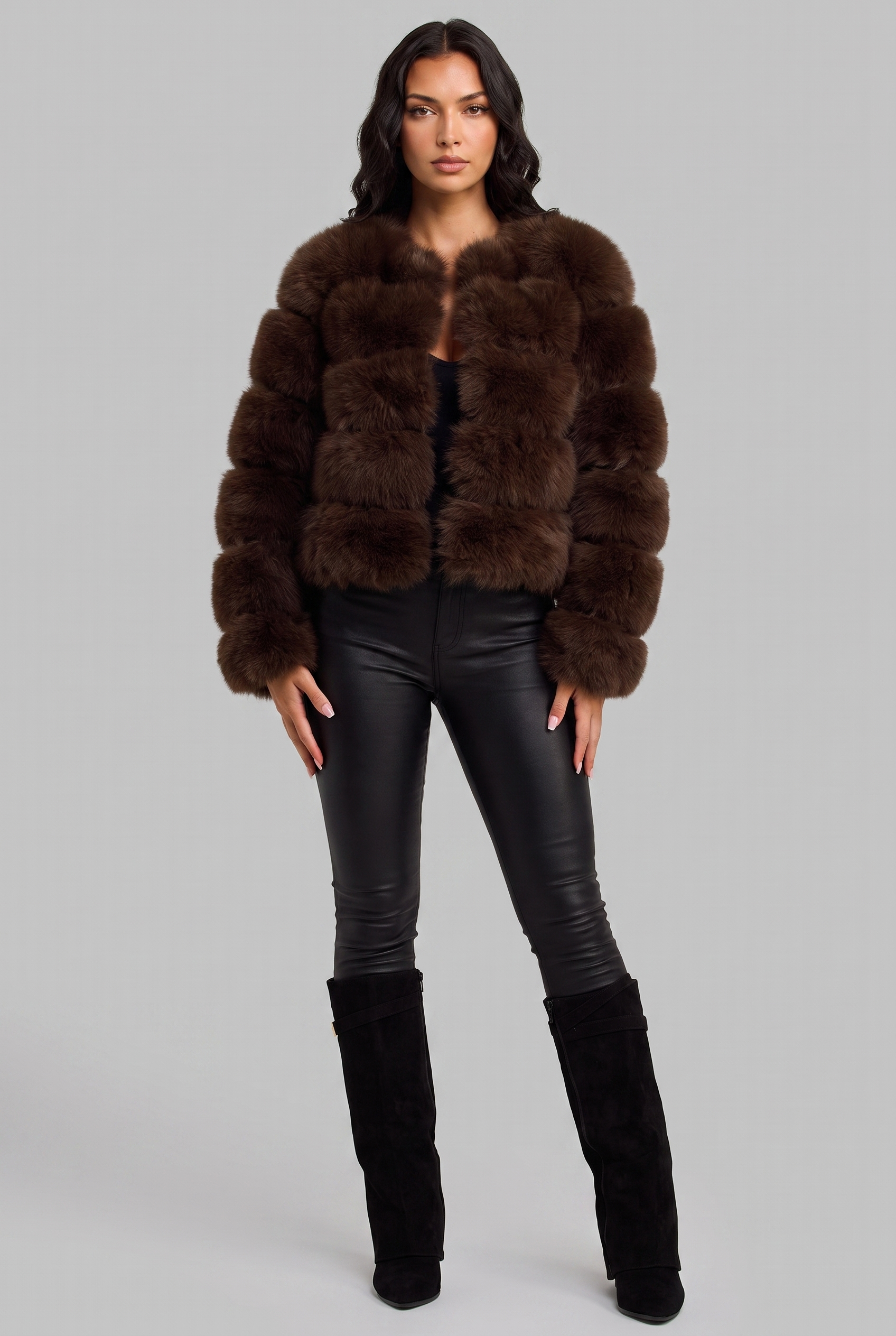 Faux Fur Coat with Collarless Design Audrey Calvero