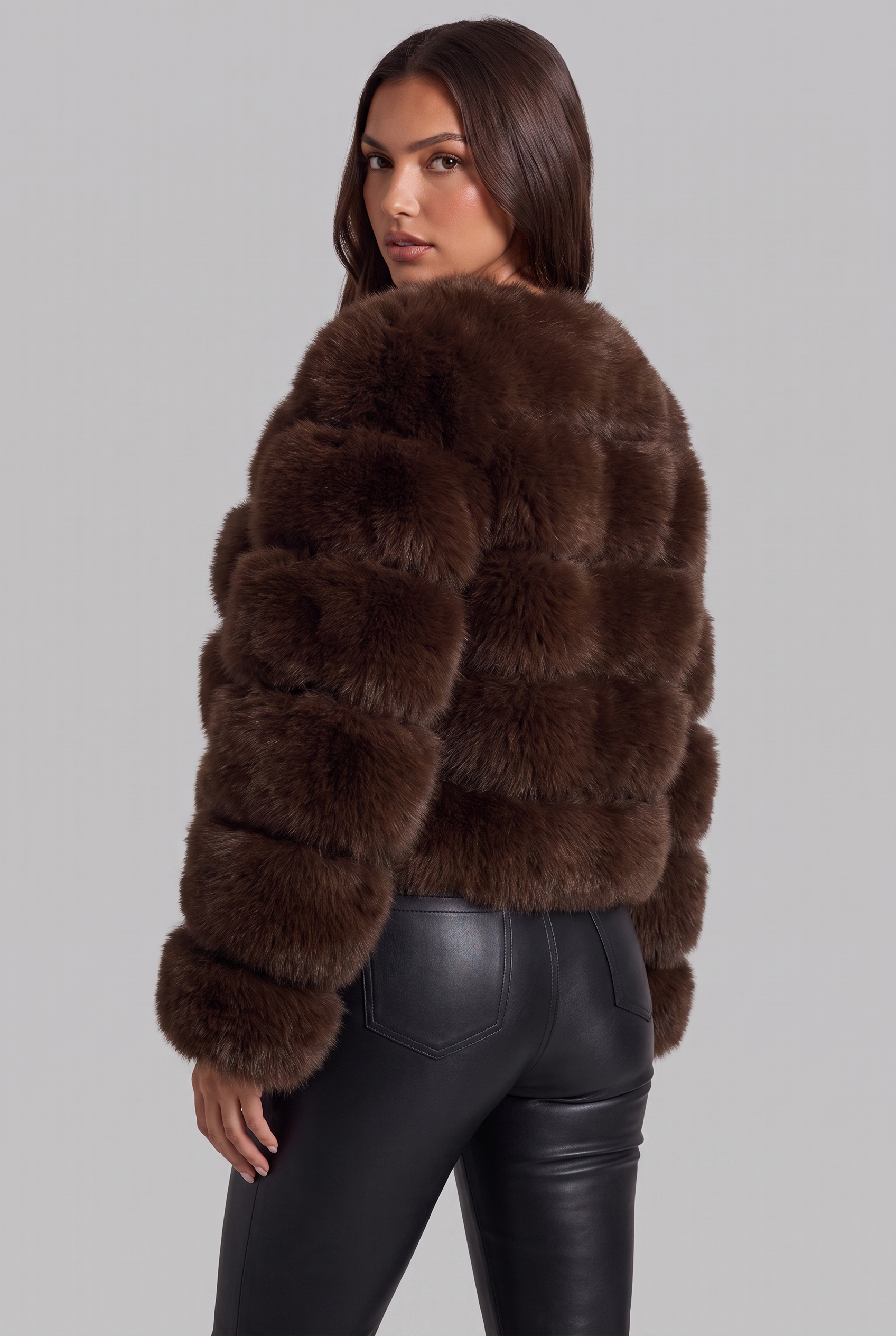Faux Fur Coat with Collarless Design Audrey Calvero