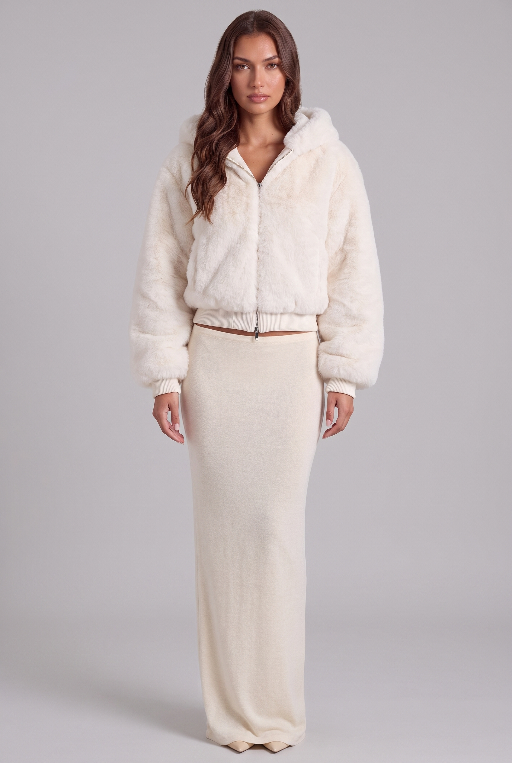 Faux Fur Hooded Jacket with Ribbed Trim Audrey Calvero