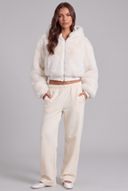Faux Fur Hooded Jacket with Ribbed Trim Audrey Calvero