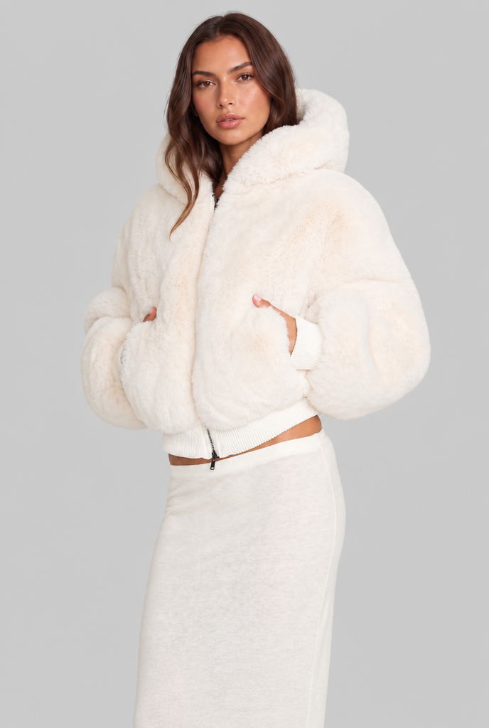 Faux Fur Hooded Jacket with Ribbed Trim Audrey Calvero