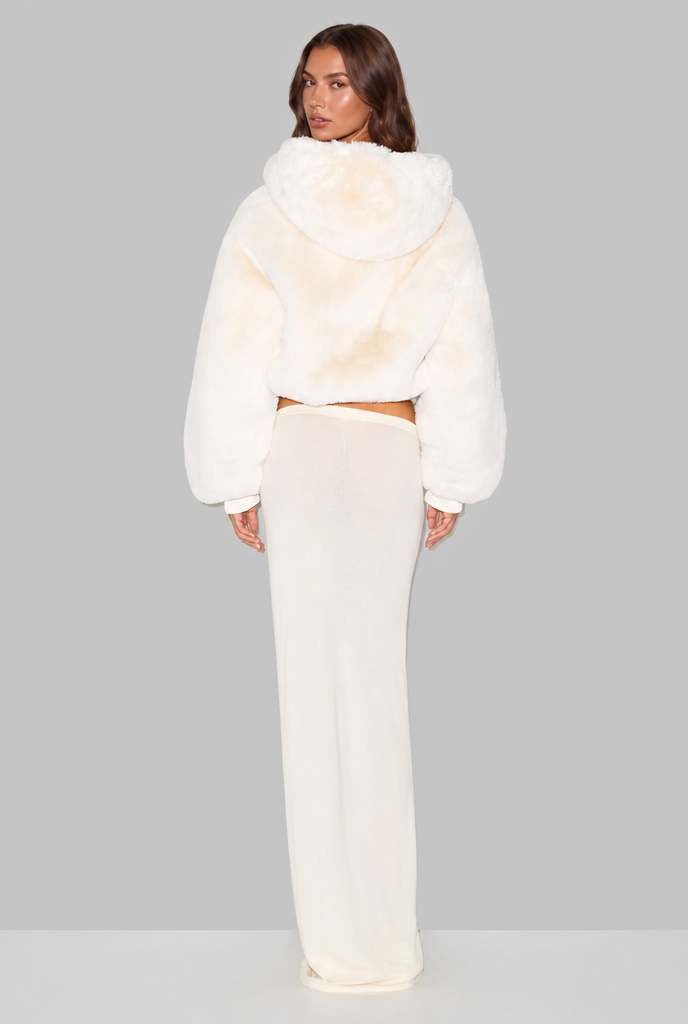 Faux Fur Hooded Jacket with Ribbed Trim Audrey Calvero