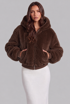 Faux Fur Hooded Jacket with Ribbed Trim Audrey Calvero