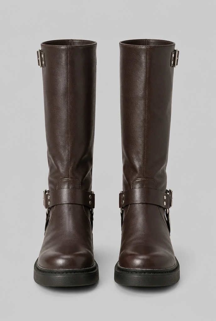 Knee-High Buckle Biker Boots Audrey Calvero