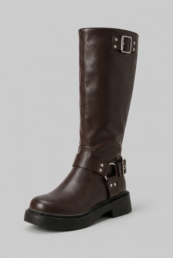 Knee-High Buckle Biker Boots Audrey Calvero
