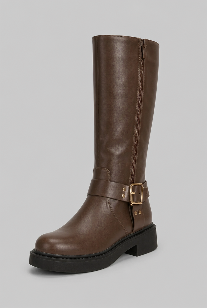 Knee-High Buckle Biker Boots Audrey Calvero
