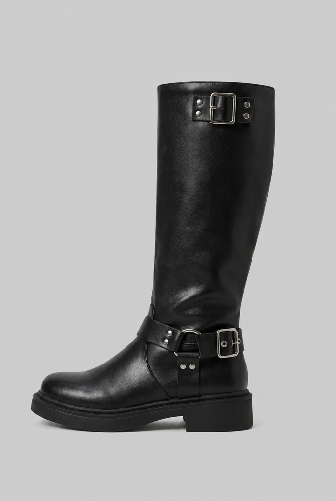 Knee-High Buckle Biker Boots Audrey Calvero
