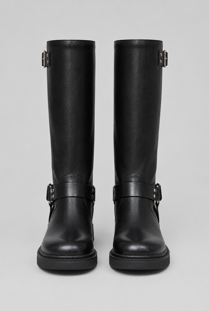 Knee-High Buckle Biker Boots Audrey Calvero