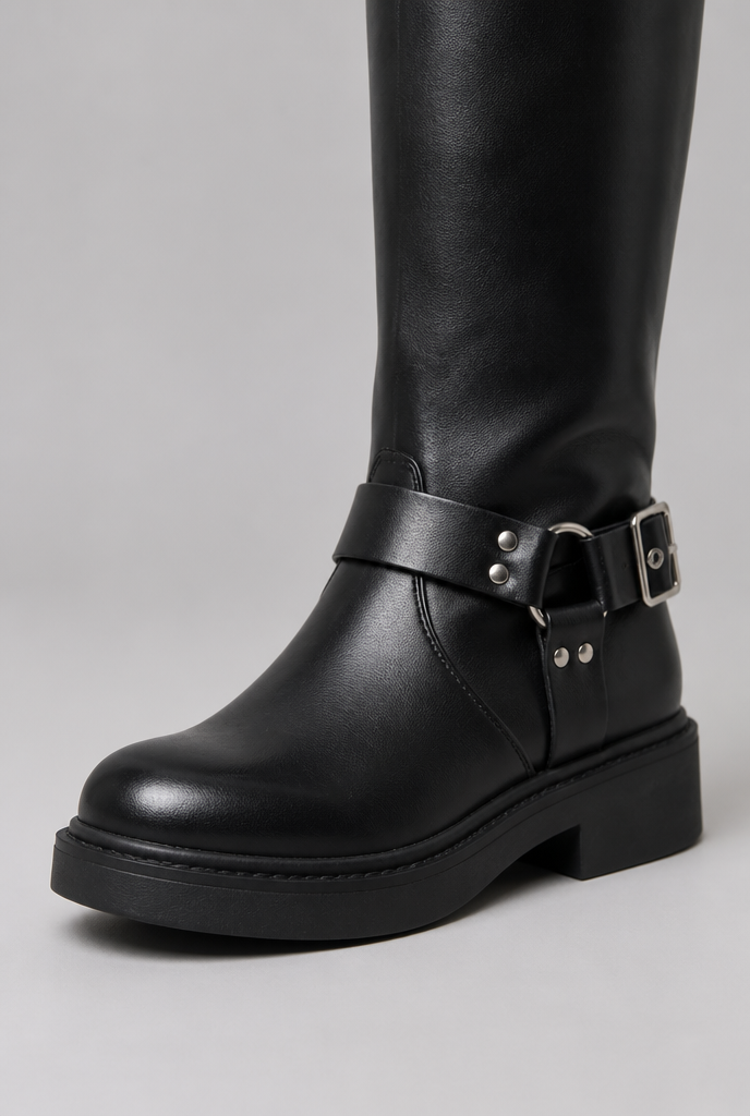 Knee-High Buckle Biker Boots Audrey Calvero
