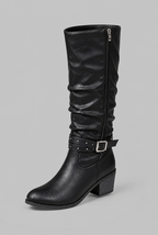 Slouchy Knee-High Boots with Studded Buckle Straps Audrey Calvero