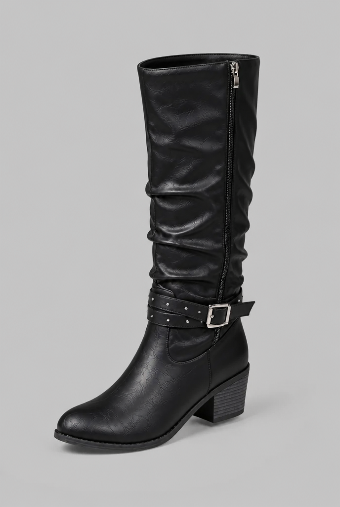 Slouchy Knee-High Boots with Studded Buckle Straps Audrey Calvero