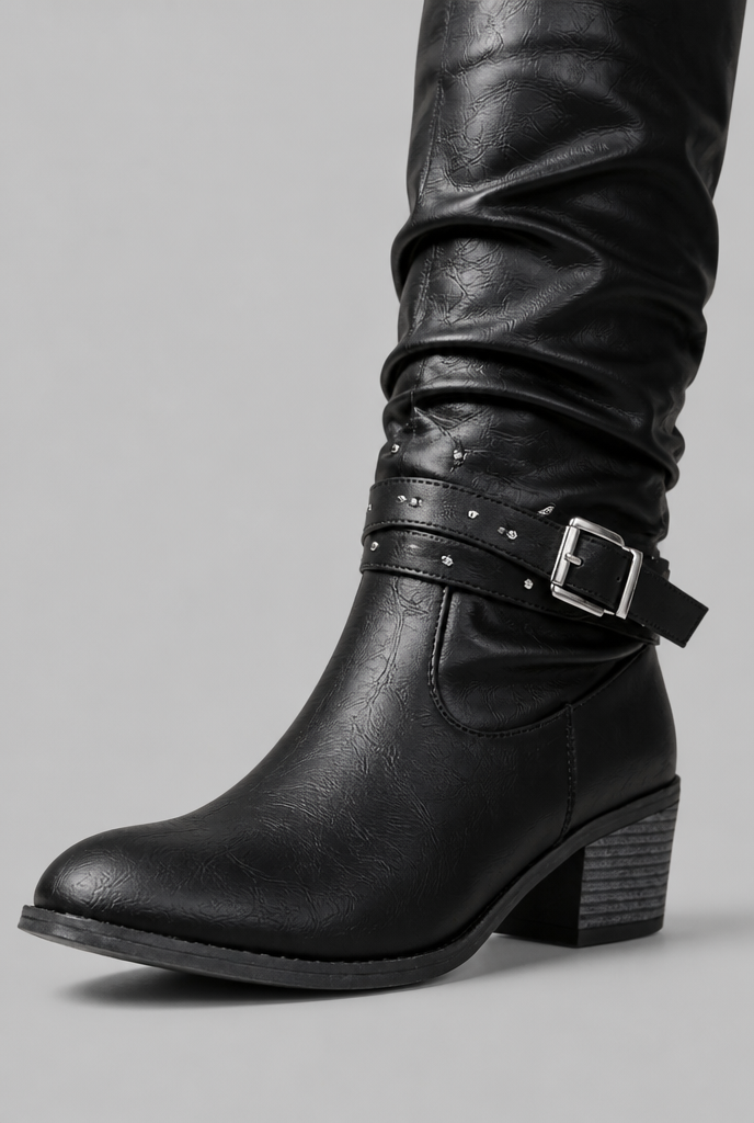 Slouchy Knee-High Boots with Studded Buckle Straps Audrey Calvero