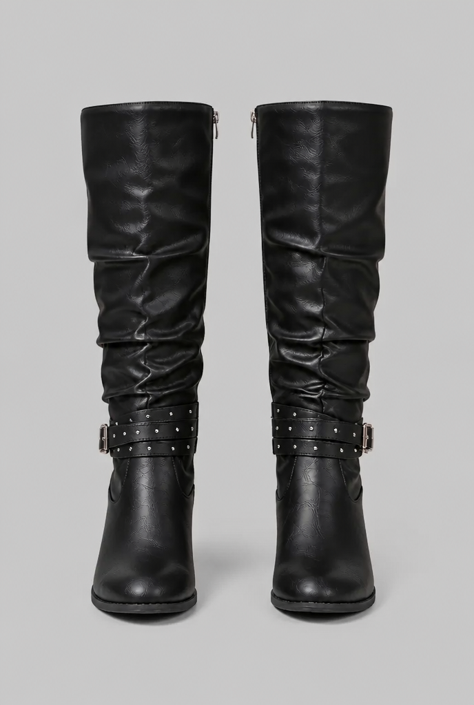 Slouchy Knee-High Boots with Studded Buckle Straps Audrey Calvero