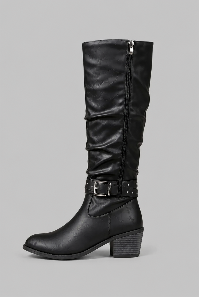 Slouchy Knee-High Boots with Studded Buckle Straps Audrey Calvero
