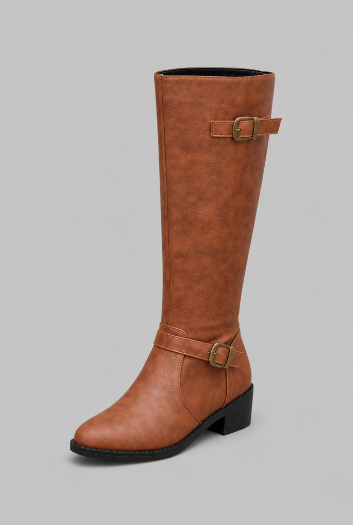 Knee-High Leather Boots with Buckle Detail Audrey Calvero