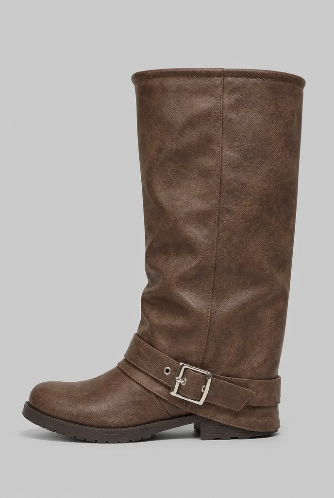 Slouchy Buckle Strap Knee-High Boots Audrey Calvero