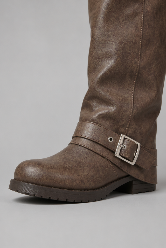 Slouchy Buckle Strap Knee-High Boots Audrey Calvero