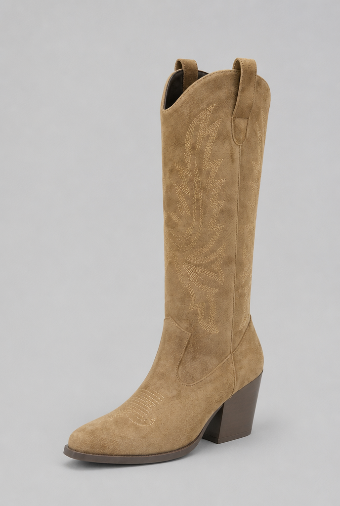Suede Embroidered Western Block Heel Knee High Boots Audrey Calvero