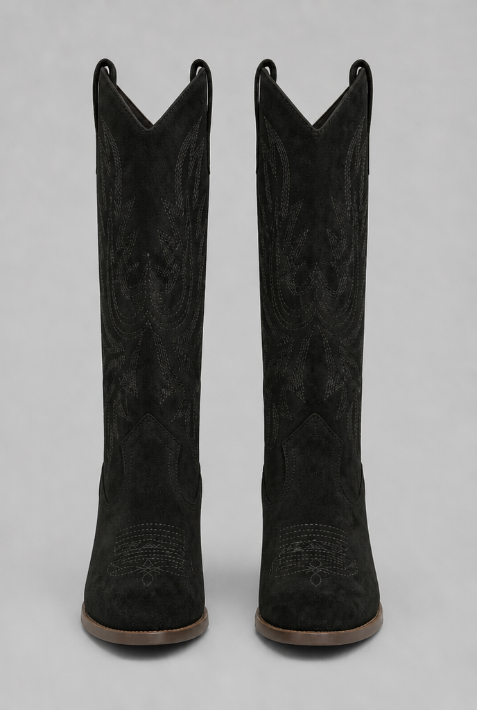 Suede Embroidered Western Block Heel Knee High Boots Audrey Calvero