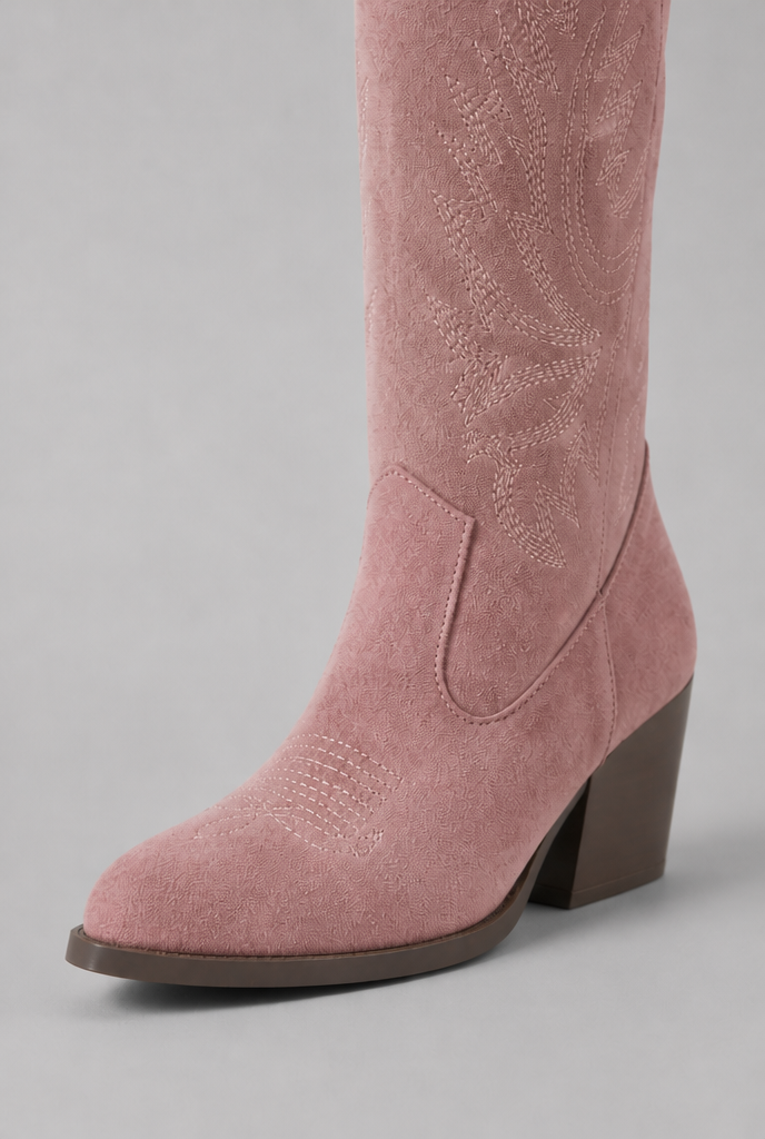 Suede Embroidered Western Block Heel Knee High Boots Audrey Calvero