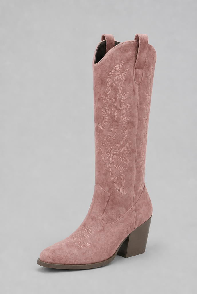 Suede Embroidered Western Block Heel Knee High Boots Audrey Calvero