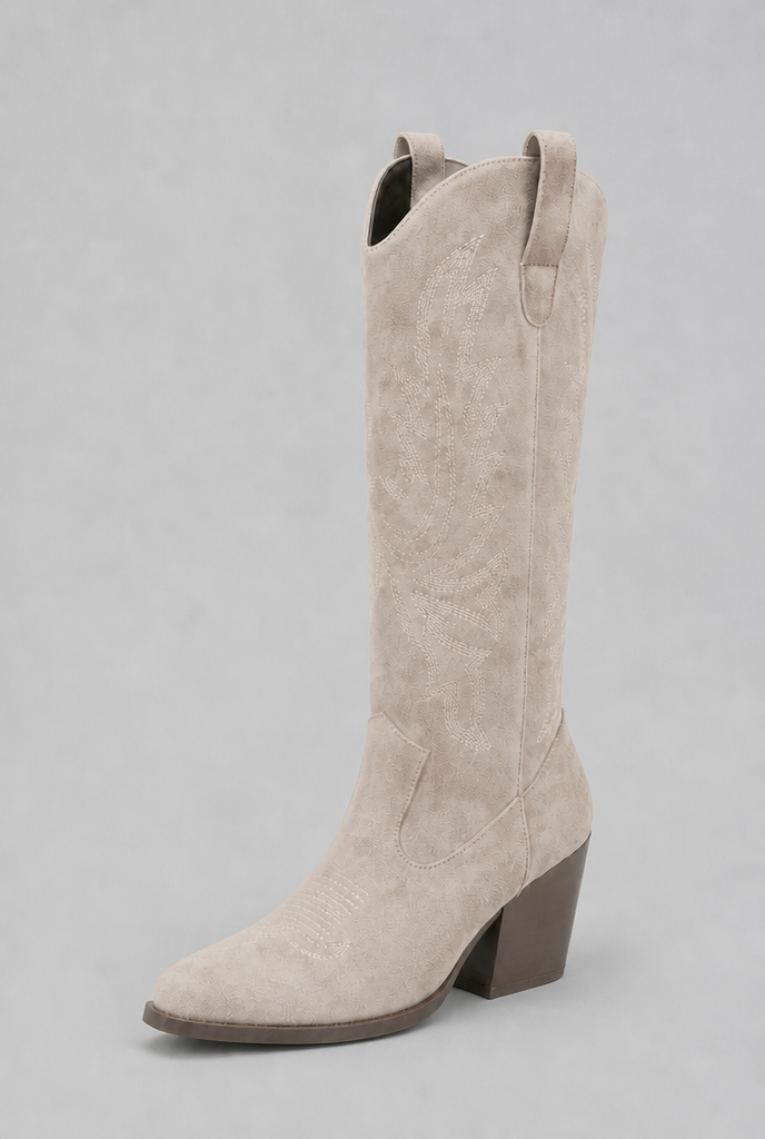 Suede Embroidered Western Block Heel Knee High Boots Audrey Calvero