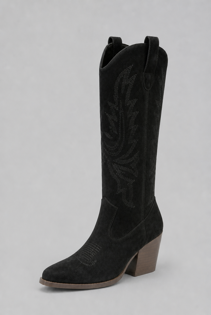 Suede Embroidered Western Block Heel Knee High Boots Audrey Calvero
