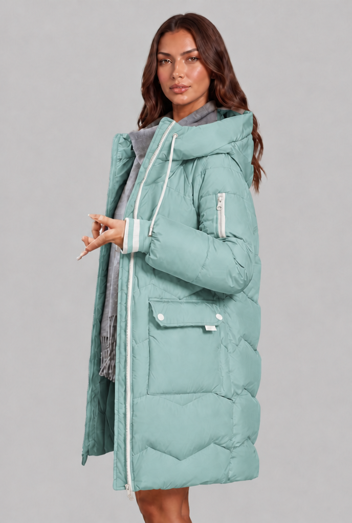 Longline Puffer Coat with Contrast Zip Audrey Calvero