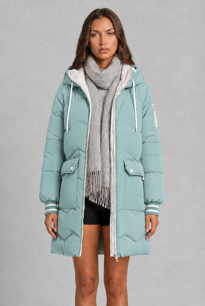 Longline Puffer Coat with Contrast Zip Audrey Calvero