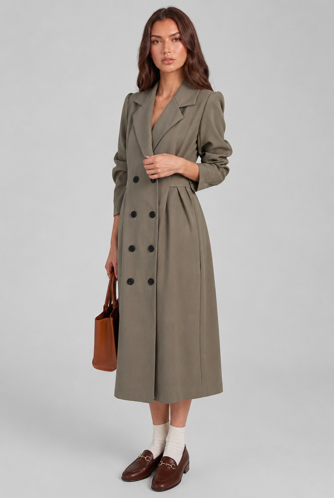 Midi Trench Coat with Double-Breasted Front Audrey Calvero