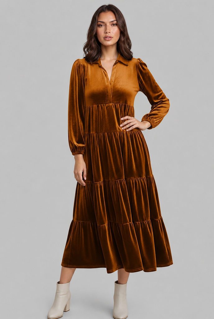 Velvet Midi Dress with Tiered Skirt Audrey Calvero