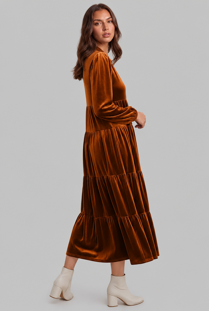 Velvet Midi Dress with Tiered Skirt Audrey Calvero
