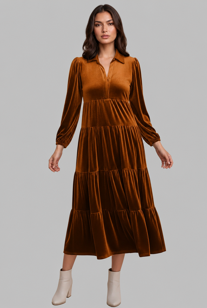 Velvet Midi Dress with Tiered Skirt Audrey Calvero