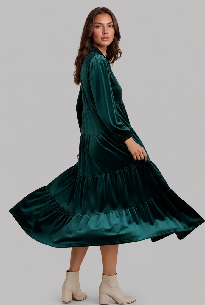Velvet Midi Dress with Tiered Skirt Audrey Calvero