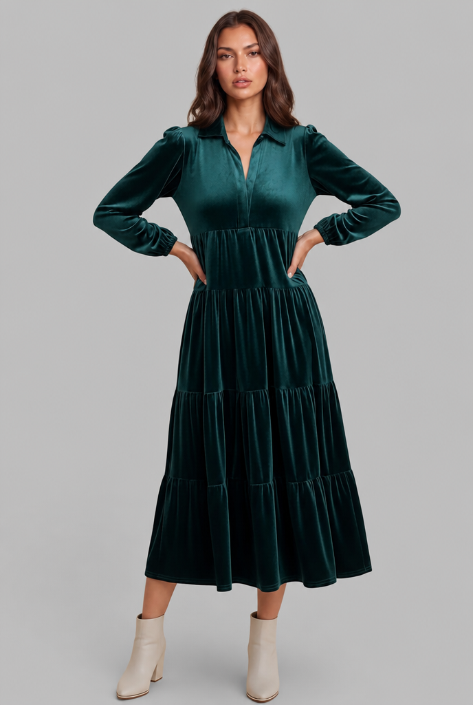 Velvet Midi Dress with Tiered Skirt Audrey Calvero
