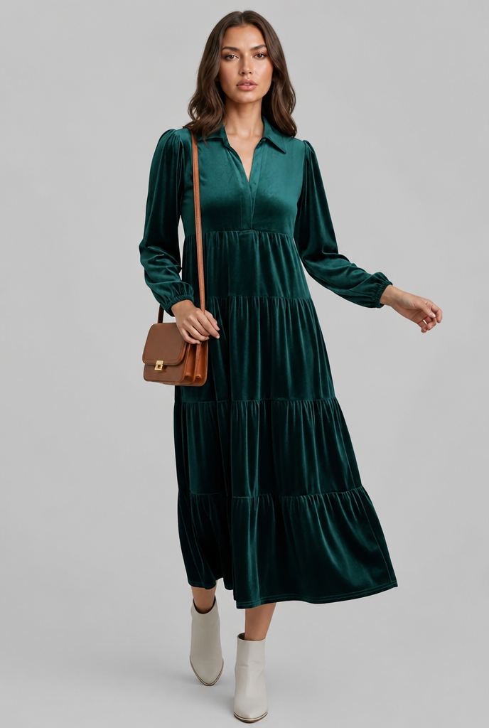Velvet Midi Dress with Tiered Skirt Audrey Calvero