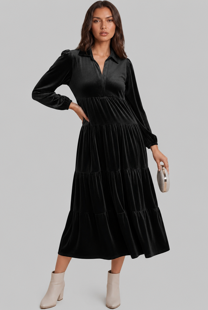 Velvet Midi Dress with Tiered Skirt Audrey Calvero