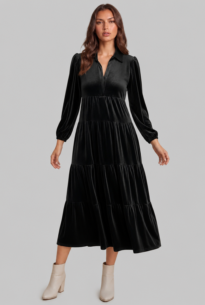 Velvet Midi Dress with Tiered Skirt Audrey Calvero
