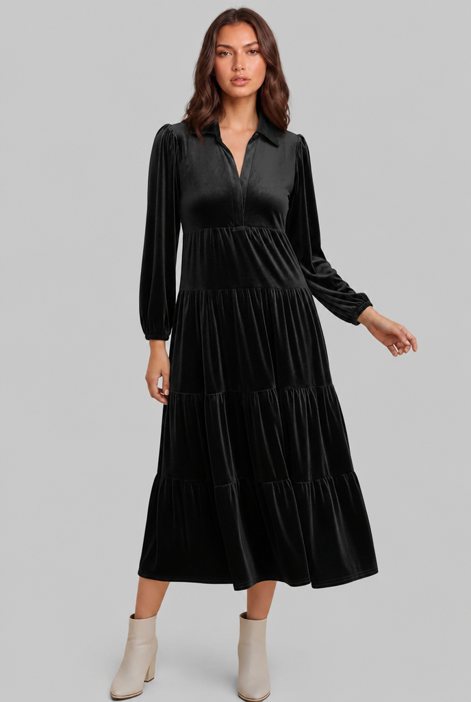 Velvet Midi Dress with Tiered Skirt Audrey Calvero