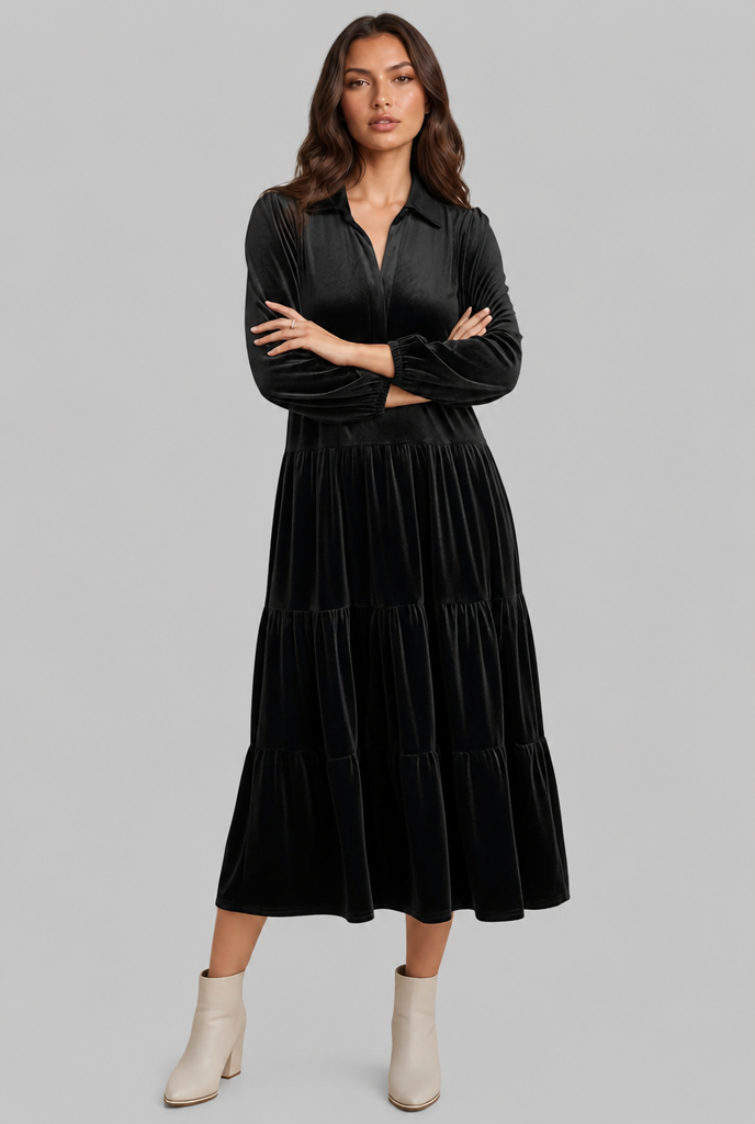 Velvet Midi Dress with Tiered Skirt Audrey Calvero
