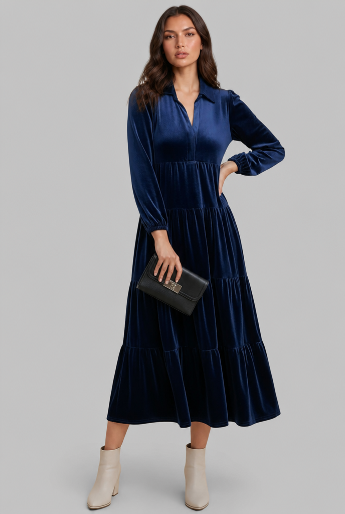 Velvet Midi Dress with Tiered Skirt Audrey Calvero