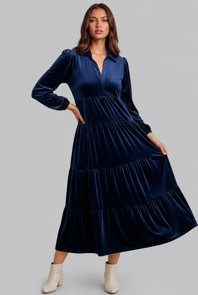 Velvet Midi Dress with Tiered Skirt Audrey Calvero