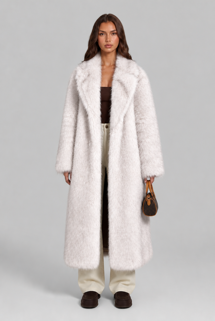 Long Faux Fur Coat with Notched Collar Audrey Calvero