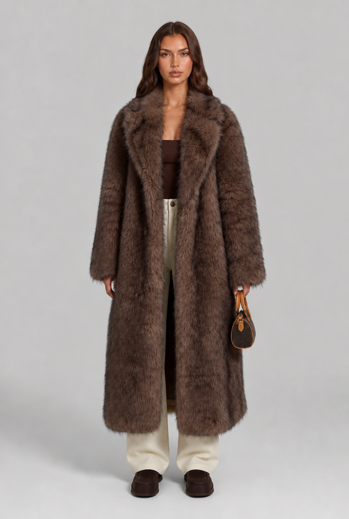 Long Faux Fur Coat with Notched Collar Audrey Calvero